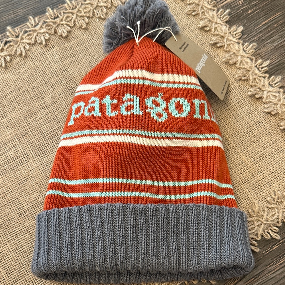 Patagonia Kids' Striped Orange and Gray Pom Beanie